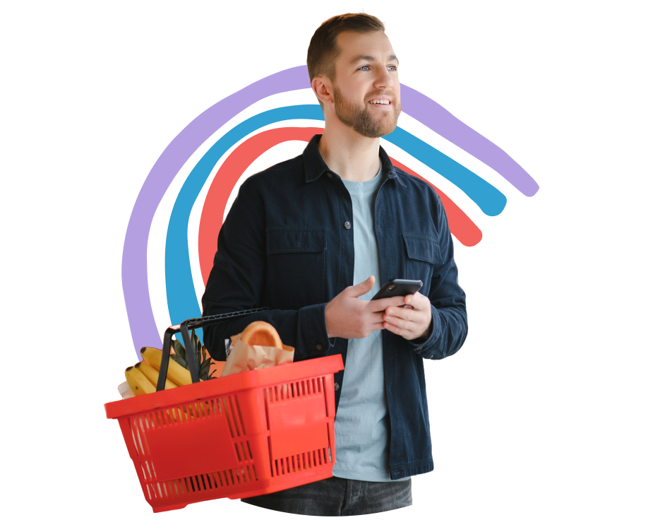 man with grocery shopping basket looking optimistic about finances